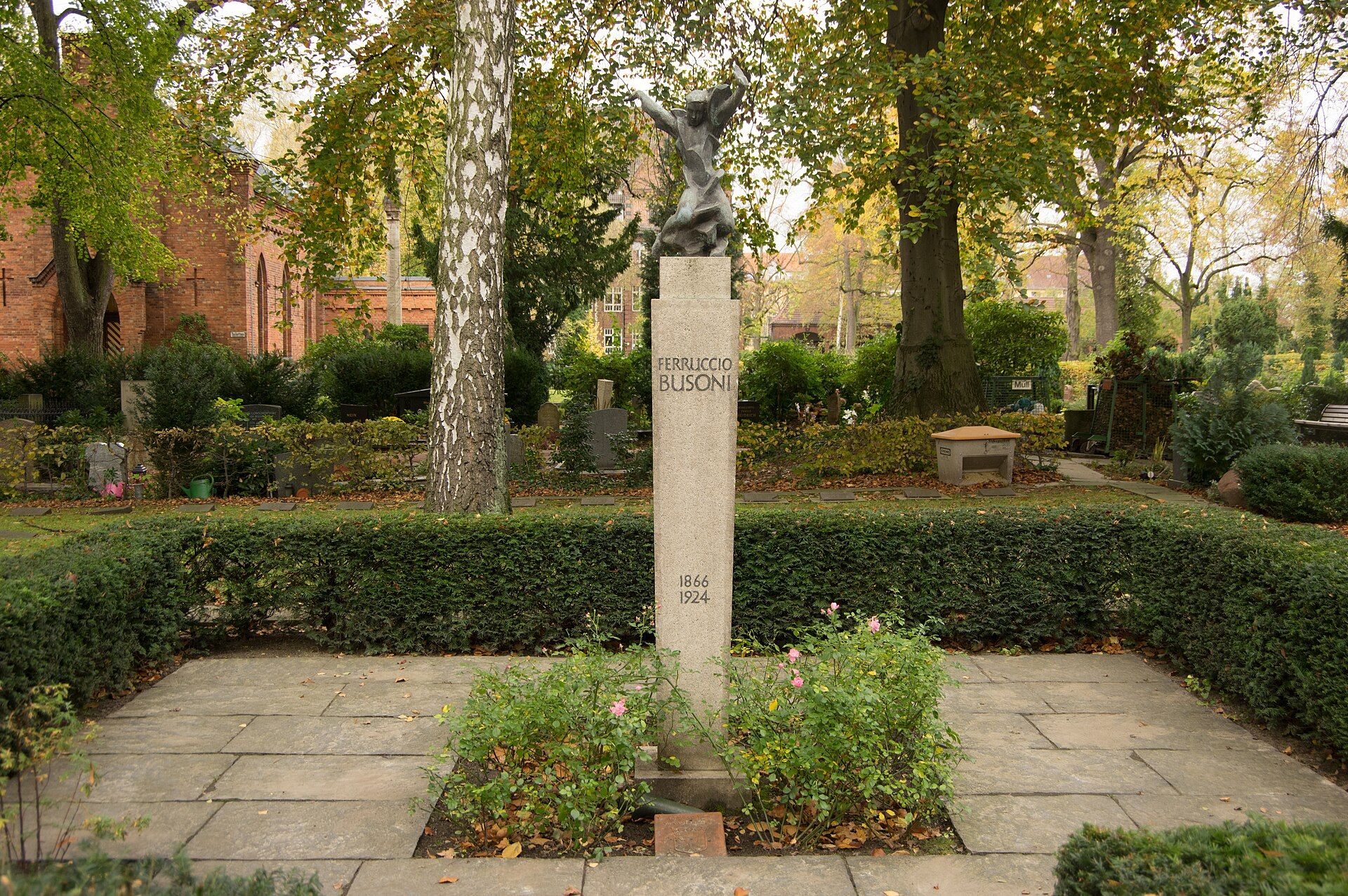 Ferruccio Busoni’s grave monument with bronze figure at Stubenrauchstraße Cemetery